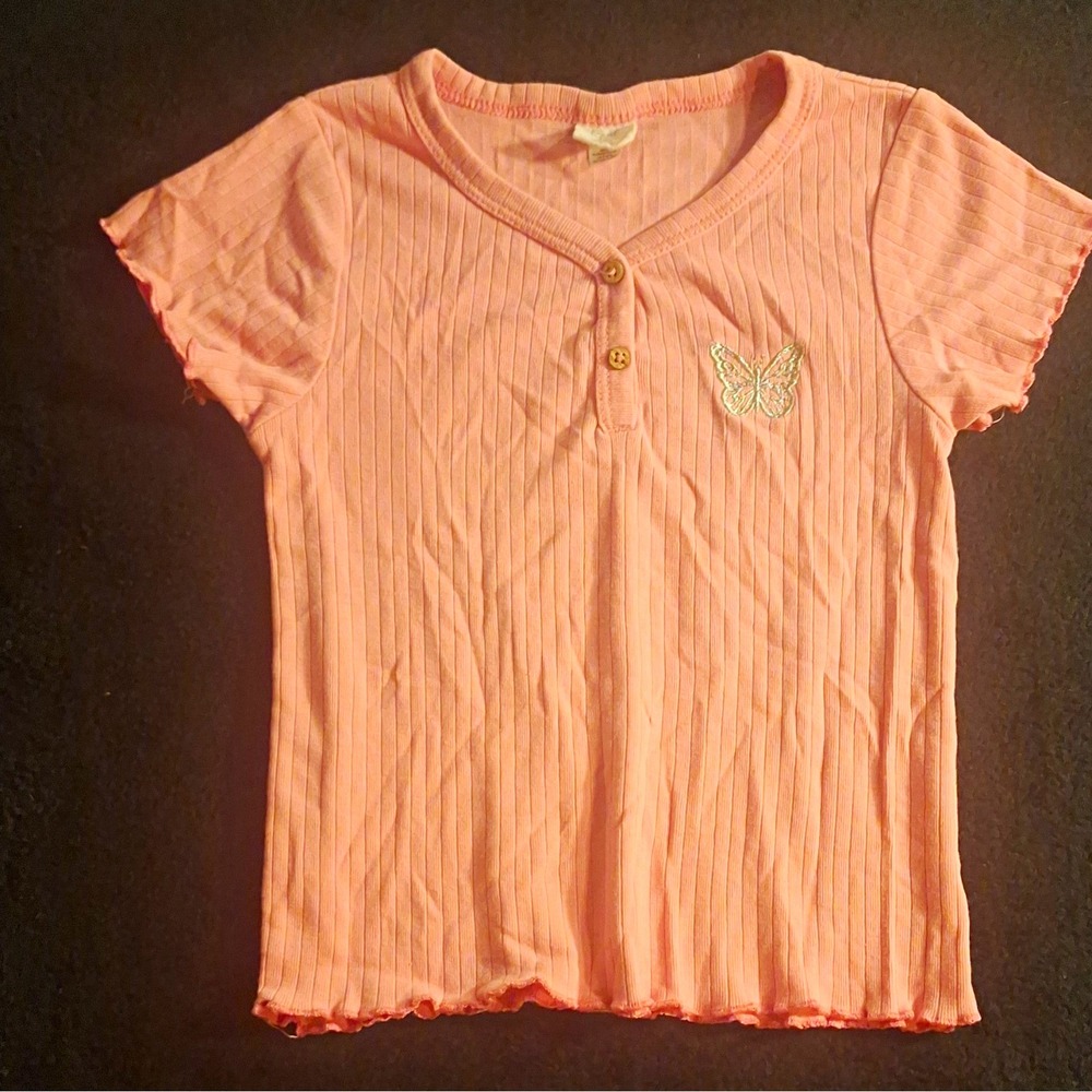 Real Love Girls 4 Pink Ribbed Knit V-Neck Button Tee Embroidered Butterfly